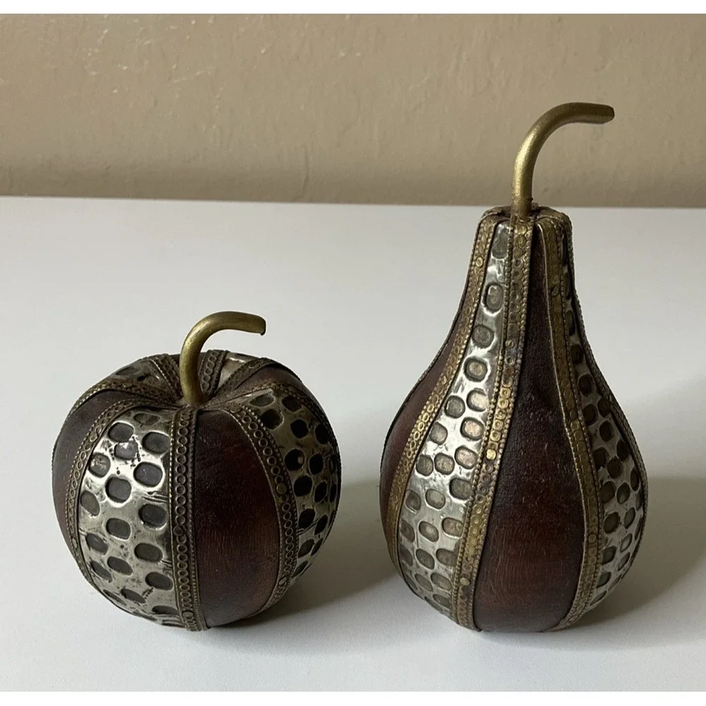 Vintage Charles‎ Marcak Turned Wooden  Apple & Pear Ornate Metal  5.25